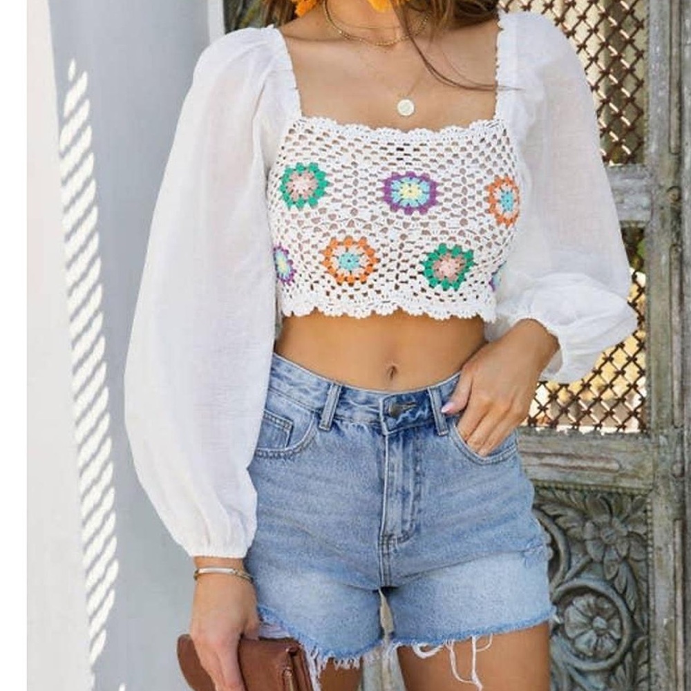 Aerie Crochet Colorful Vacay Top Long Flowy Sleeves‎ Crop Top Blouse Boho
